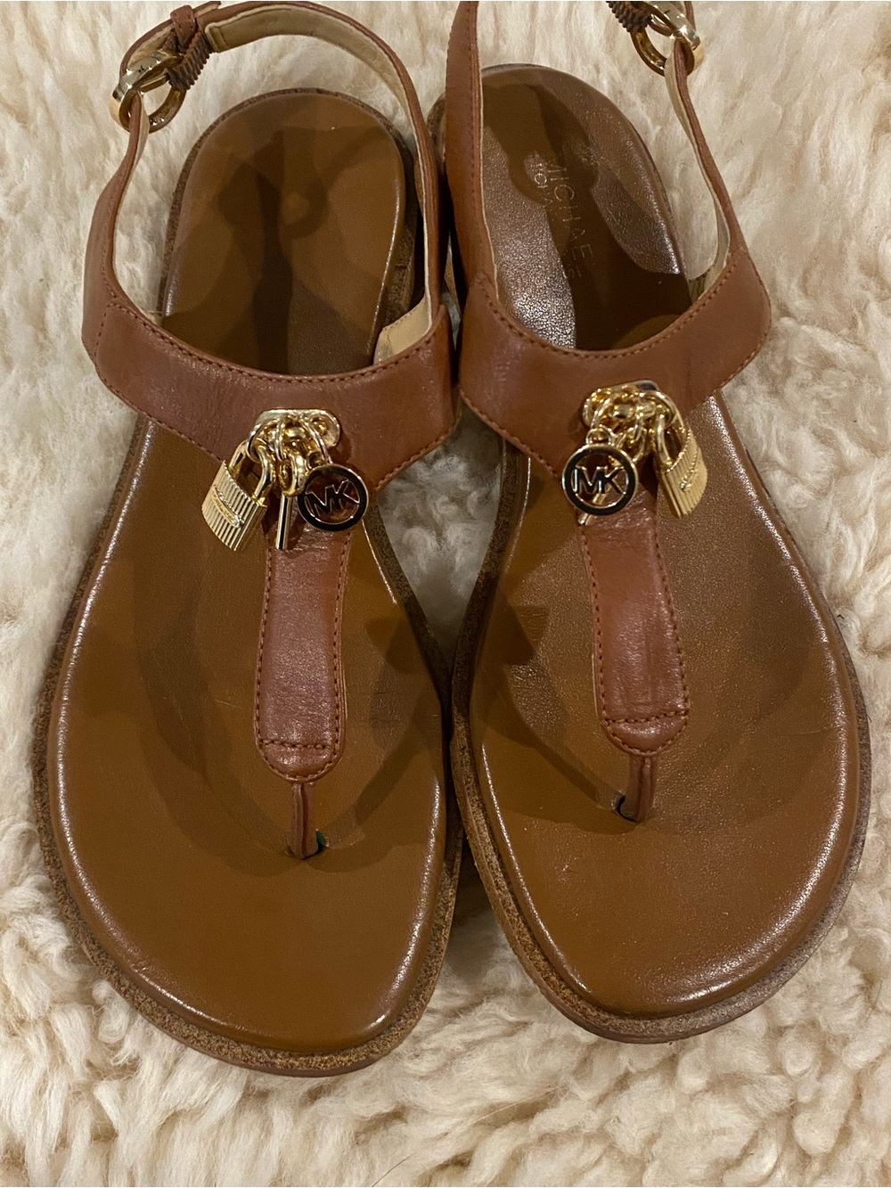 Michael Kors Cognac Leather T-Strap Sandals with Gold MK Charms - Picture 5 of 9